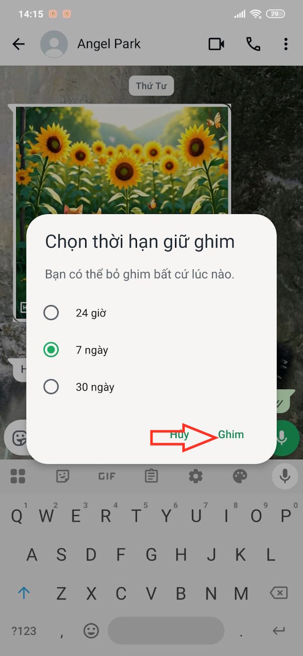 Thời gian ghim tin nhắn WhatsApp
