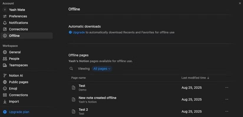 Truy cập các trang ngoại tuyến trong Notion trong cài đặt không gian làm việc