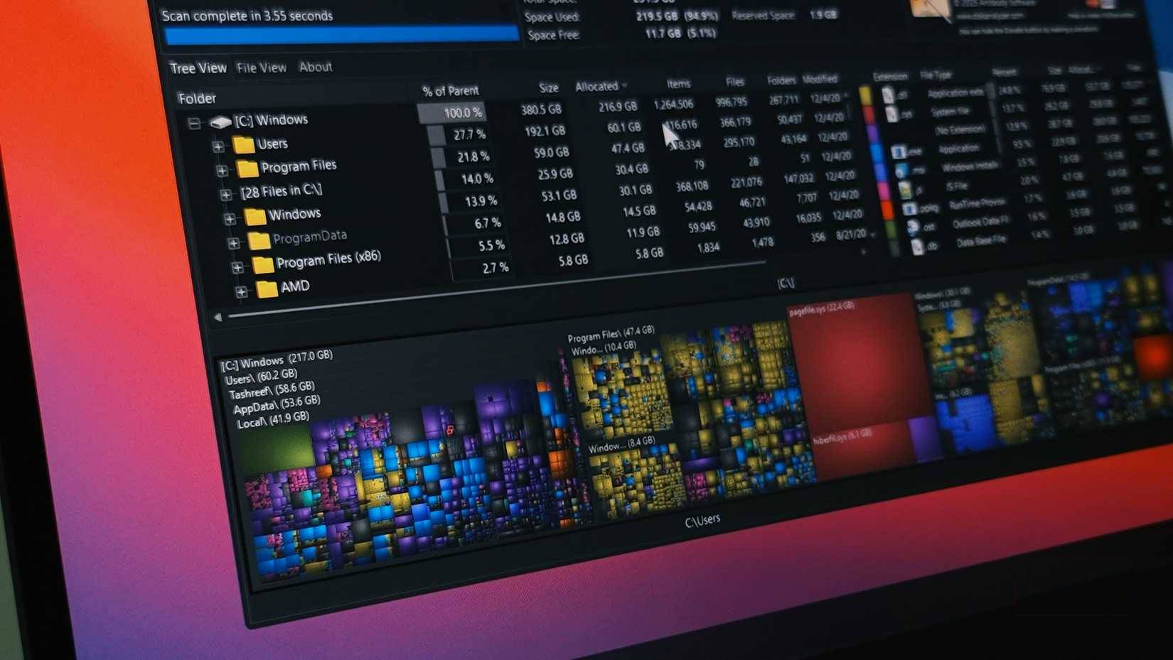 Chế độ xem dạng cây của WizTree hiển thị số liệu thống kê ổ đĩa trên Windows 11