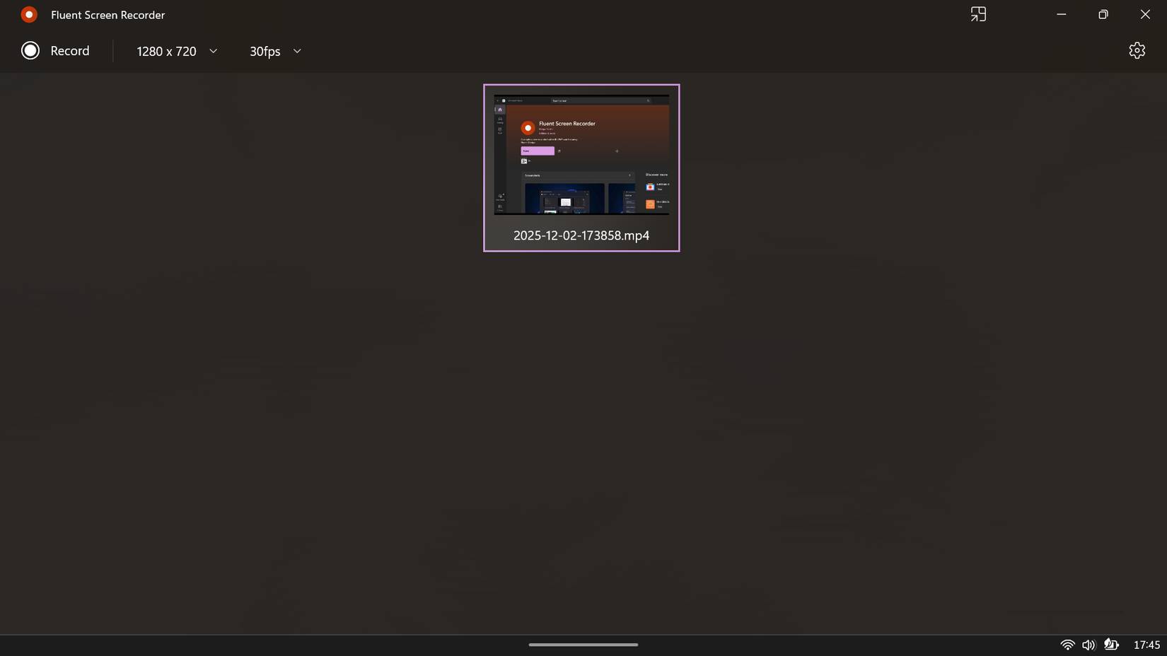 Thư viện Fluent Screen Recorder hiển thị hình thu nhỏ của video đã quay gần đây