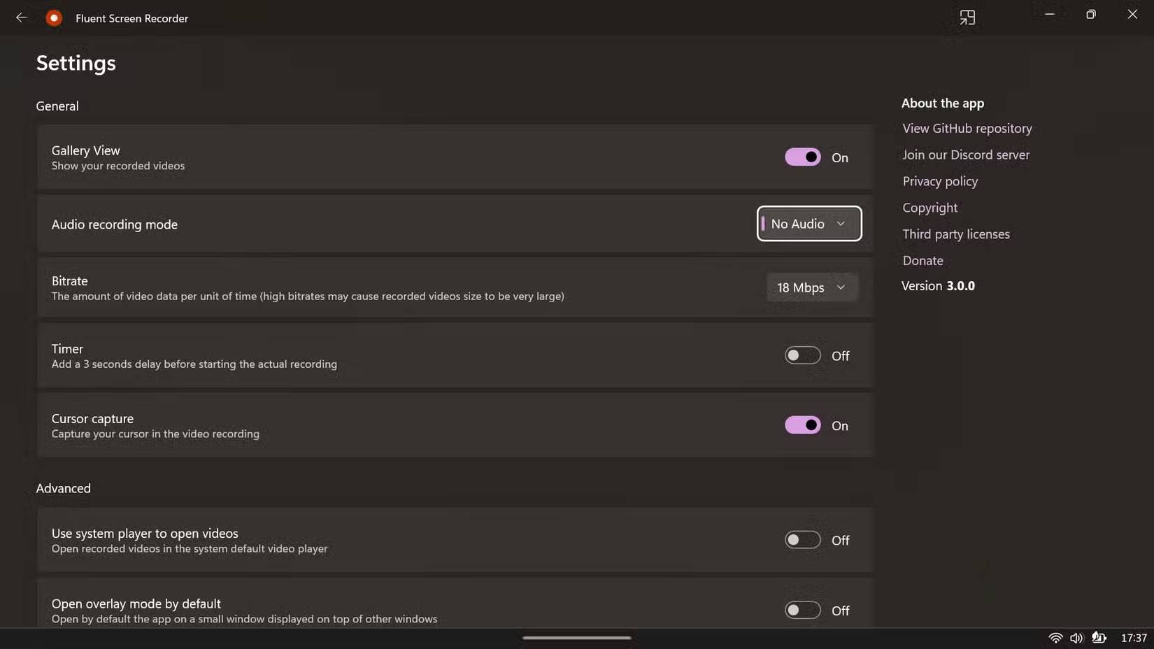 Menu cài đặt của Fluent Screen Recorder