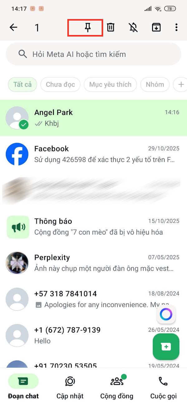 Chọn ghim hội thoại WhatsApp