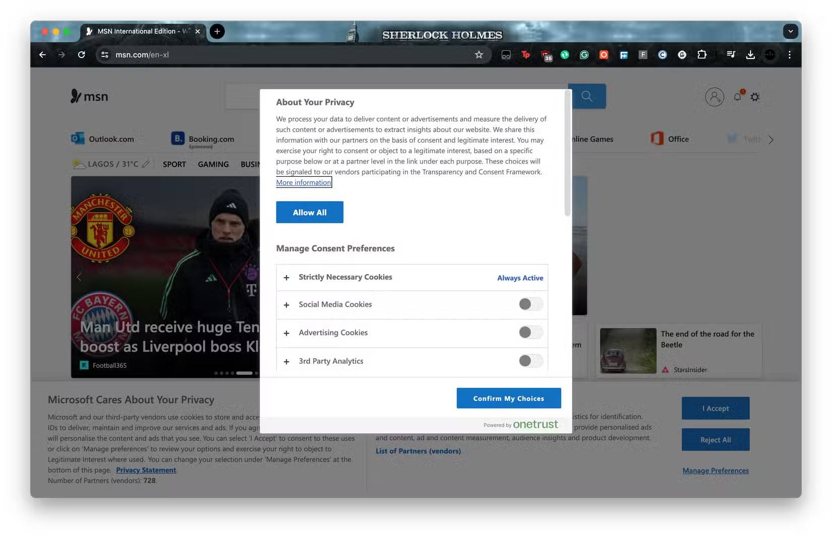 Tùy chọn pop-up cookie trên MSN.com