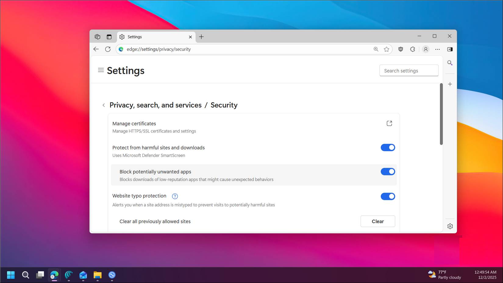 Cài đặt bảo mật trong Microsoft Edge