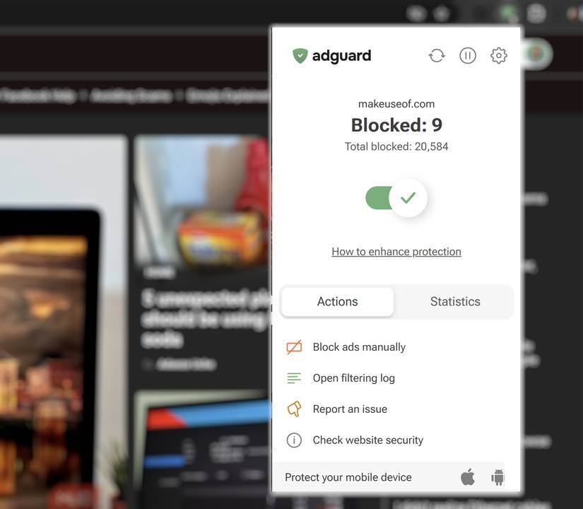 Adguard với số liệu thống kê chặn trong trình duyệt Chrome