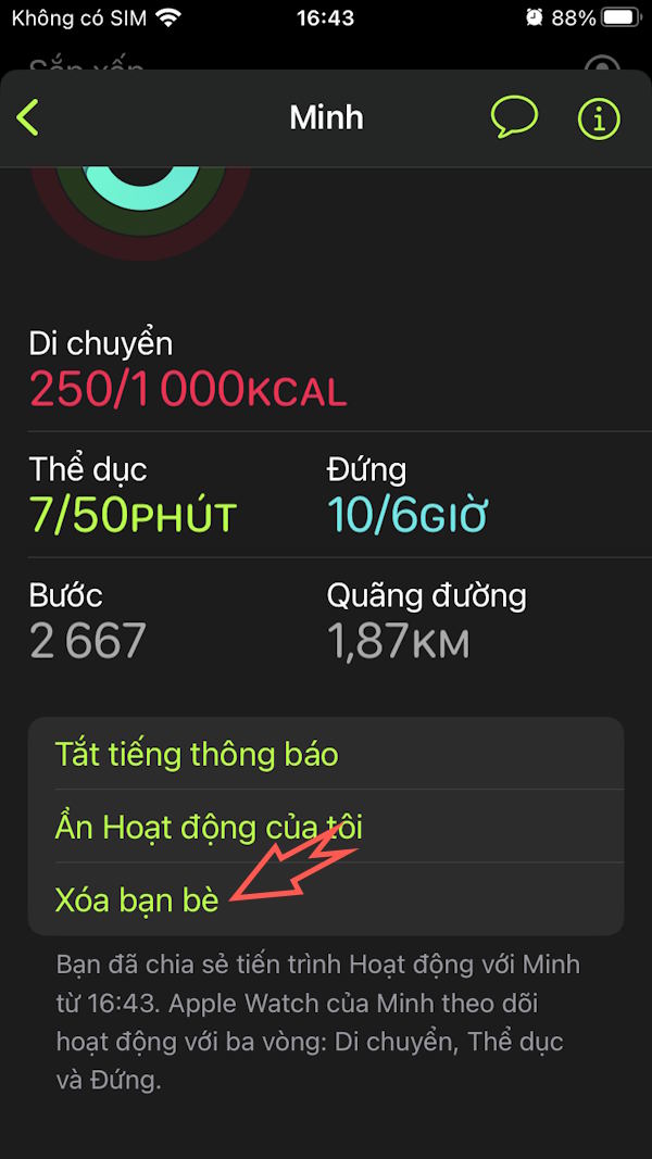 Xóa bạn bè chia sẻ hoạt động Thể dục