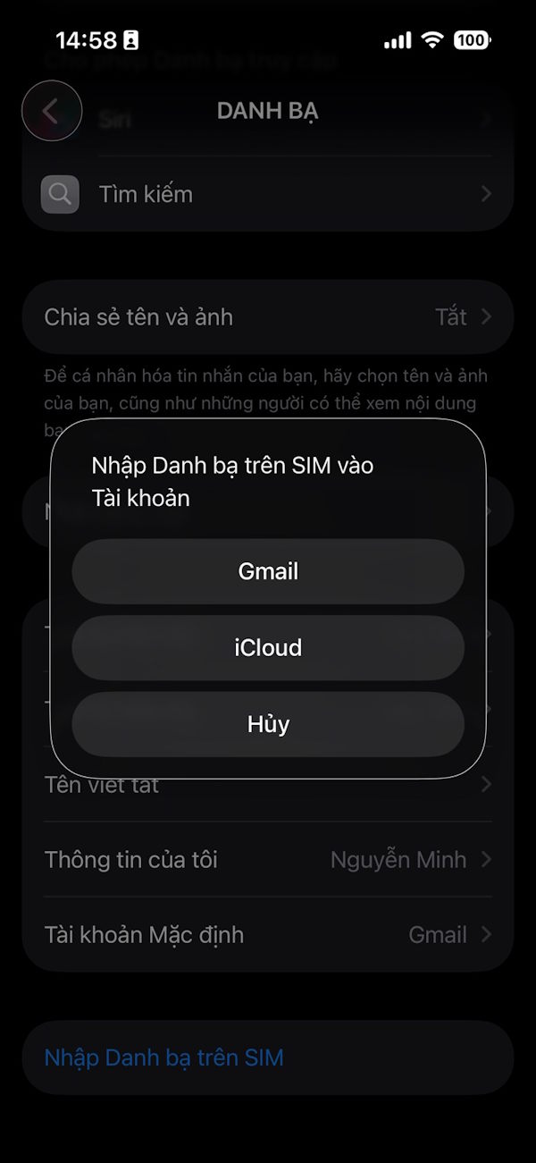 Chọn nguồn lưu danh bạ trên SIM iPhone