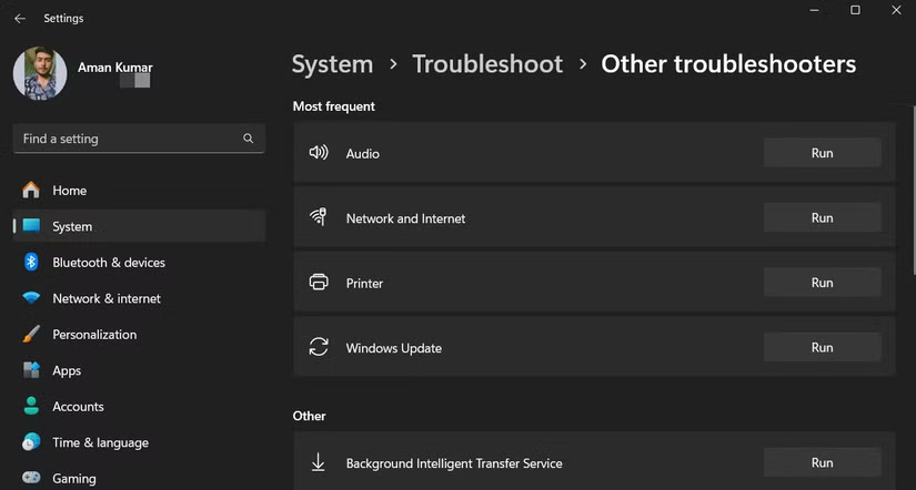 Nút Run trong cửa sổ Other troubleshooters