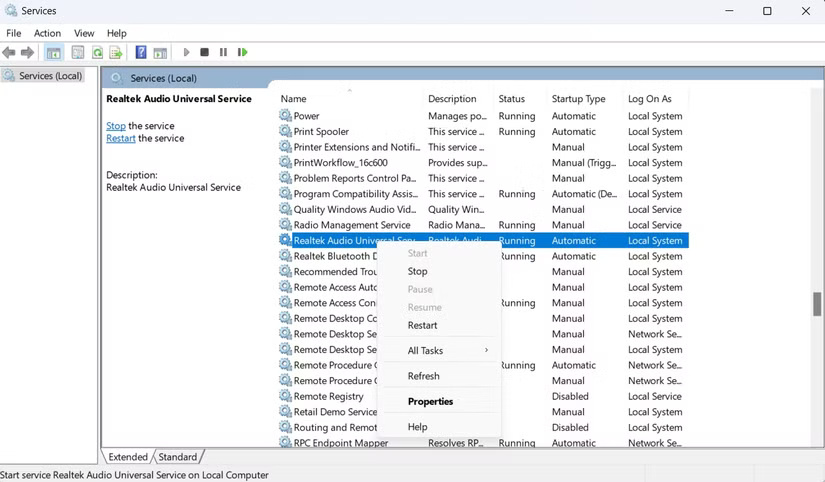 Tùy chọn Restart trong cửa sổ Services
