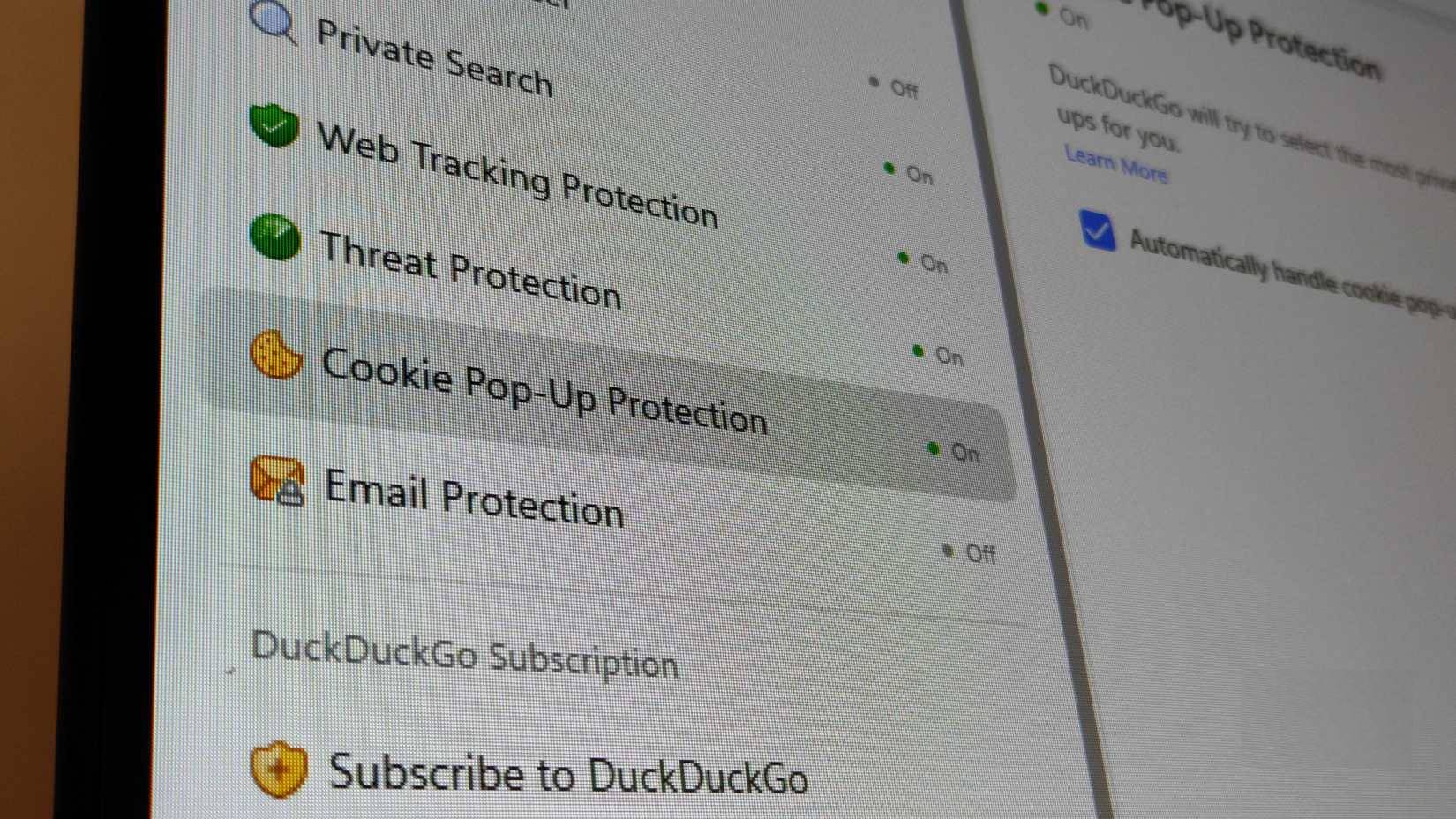 Tính năng bảo vệ cookie xuất hiện trong cài đặt DuckDuckGo