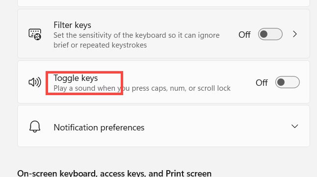 Bật tắt âm báo Toggle Keys qua Cài đặt