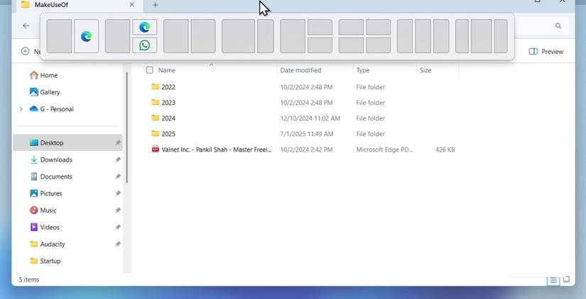 Cửa sổ File Explorer hiển thị các tùy chọn Snap Layouts