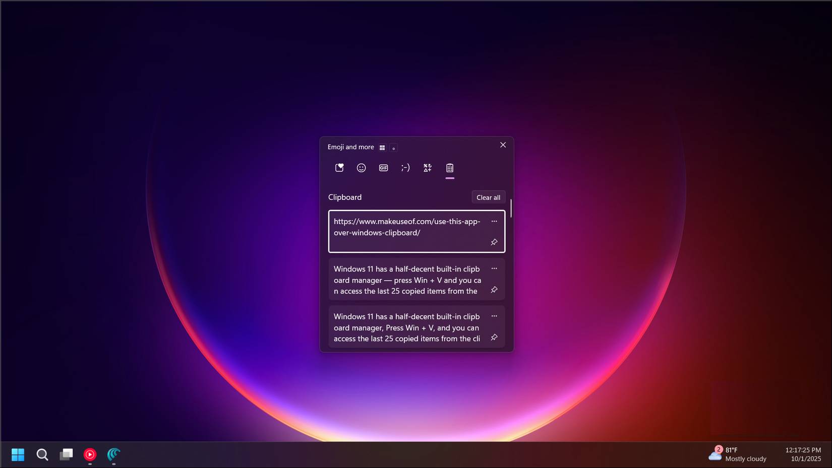 Windows Clipboard History mở trên Windows 11