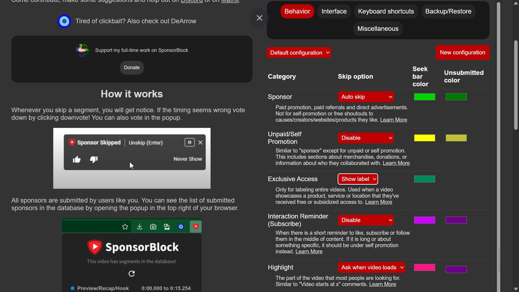 Giao diện cài đặt SponsorBlock hiển thị các tùy chọn cấu hình cho YouTube