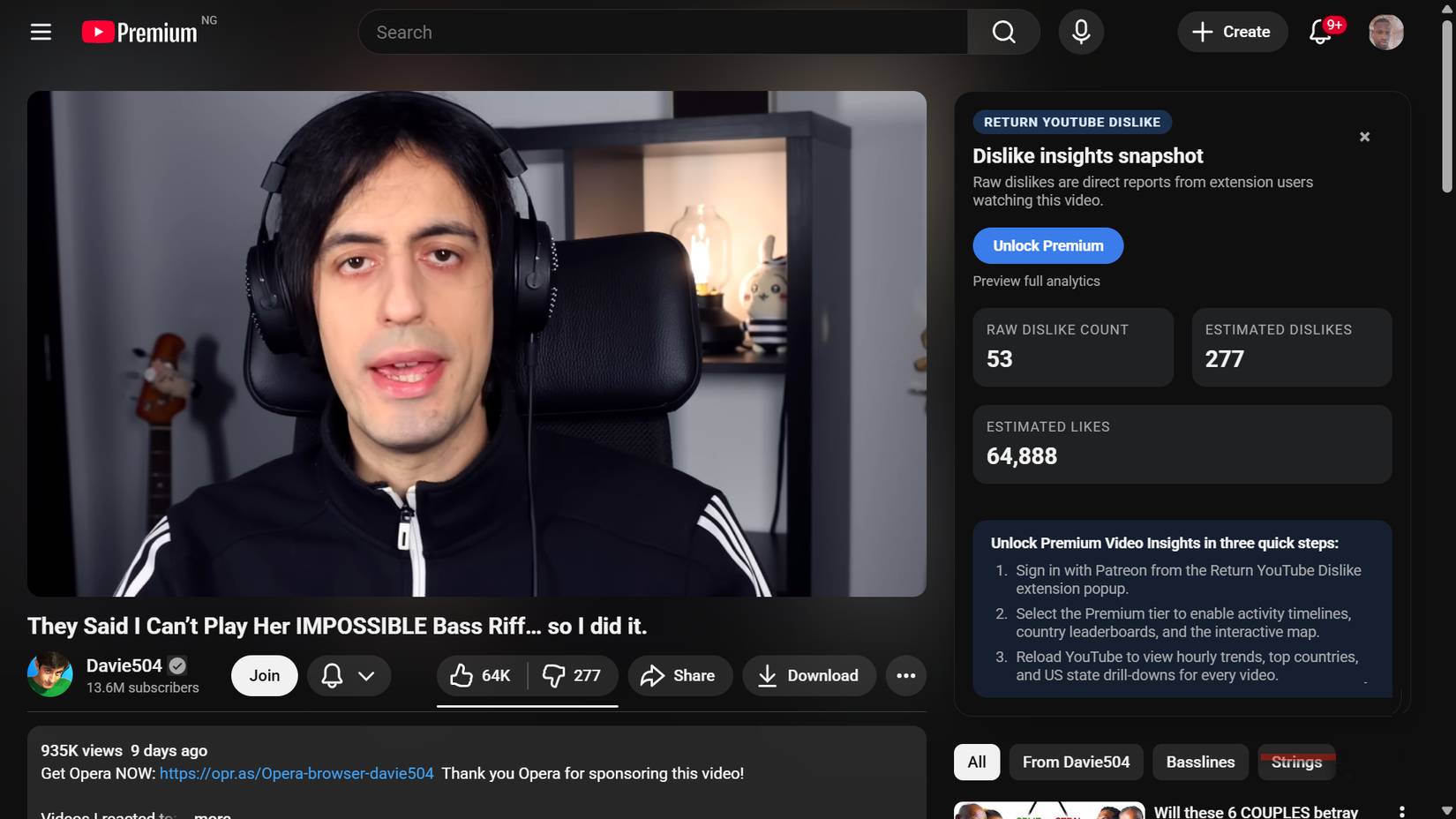 Một trang video trên YouTube hiển thị bảng điều khiển thanh bên hiển thị thông tin chi tiết về lượt dislike