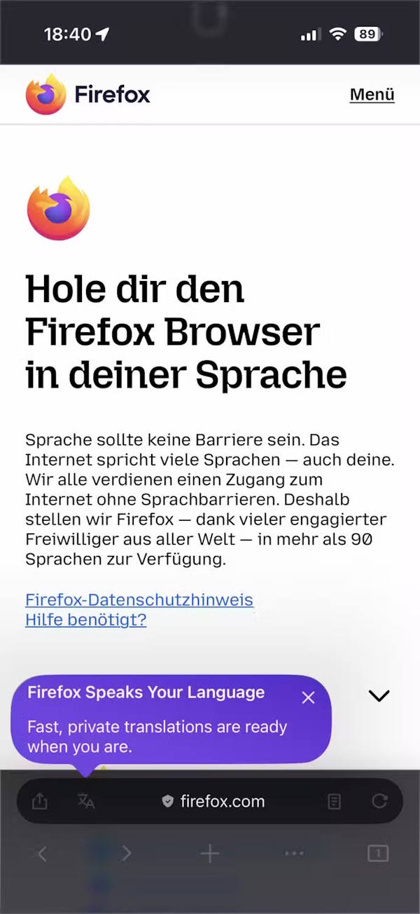 Dịch toàn bộ trang web Firefox