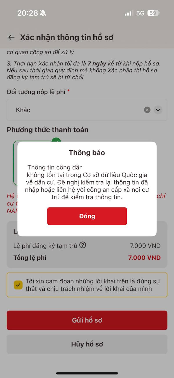 Lỗi không có thông tin trong CSDLQG về dân cư