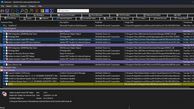 Các mục thuộc những nhóm khác nhau trong Microsoft Autoruns