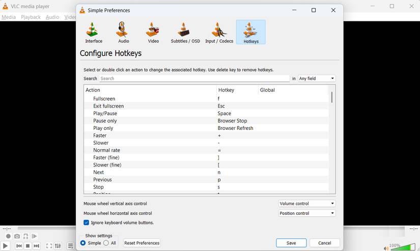 Danh sách các phím tắt trong VLC