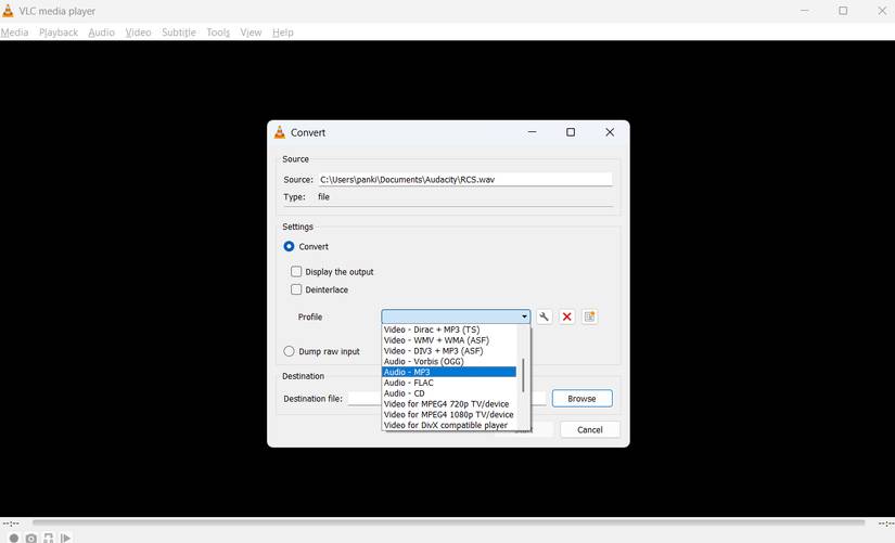 VLC hiển thị các tùy chọn chuyển đổi file