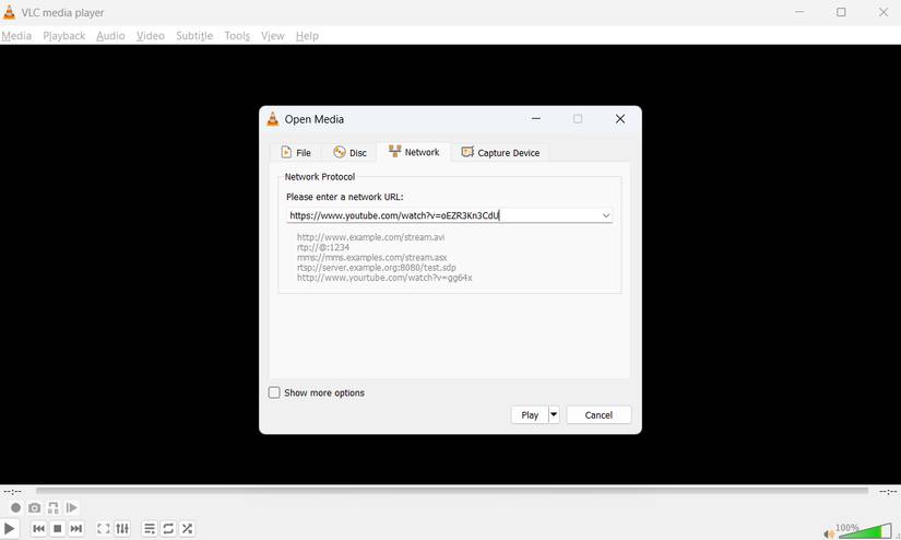 Hộp thoại Open Media trong trình phát VLC