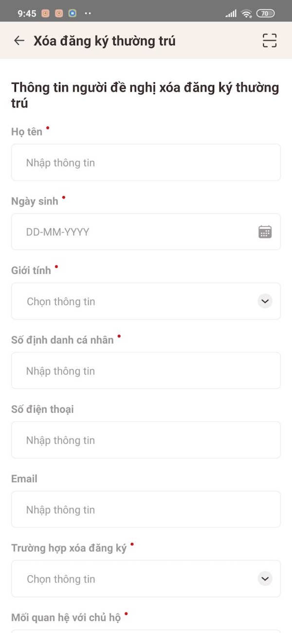 Điền thông tin người xóa thường trú