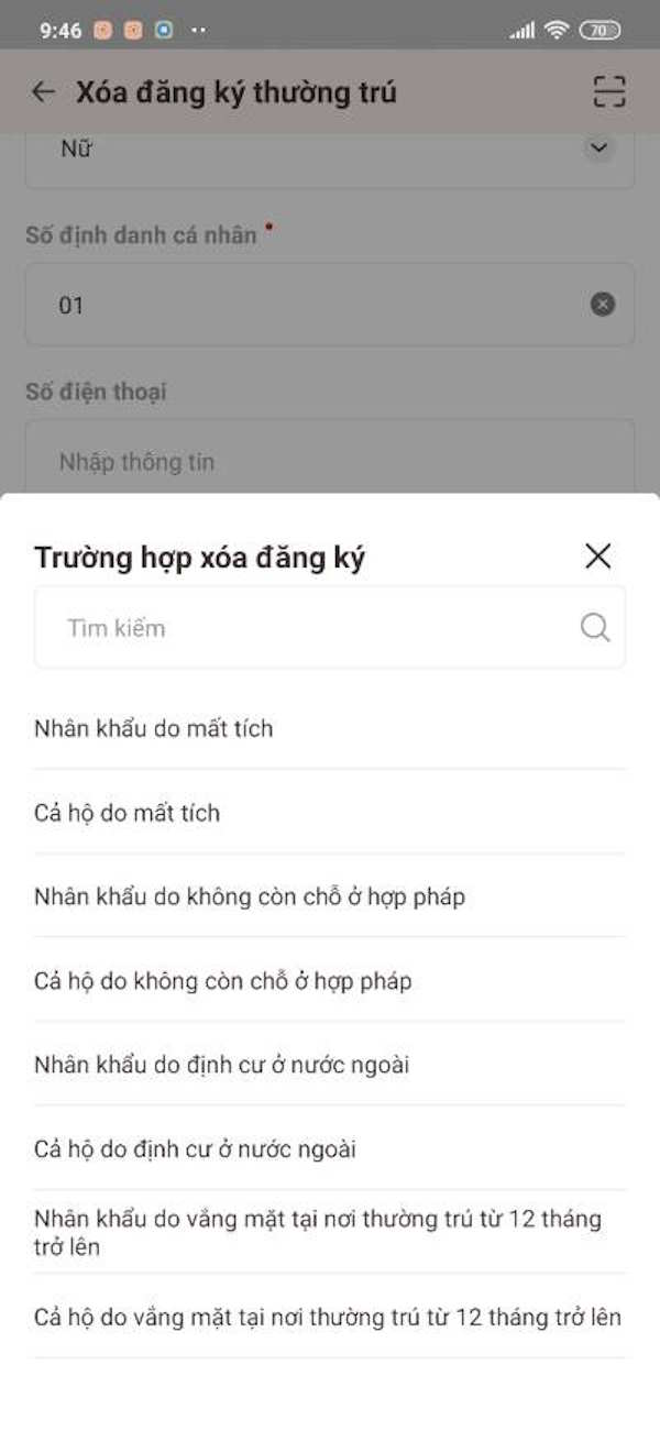 Lý do xóa thường trú trên VneID