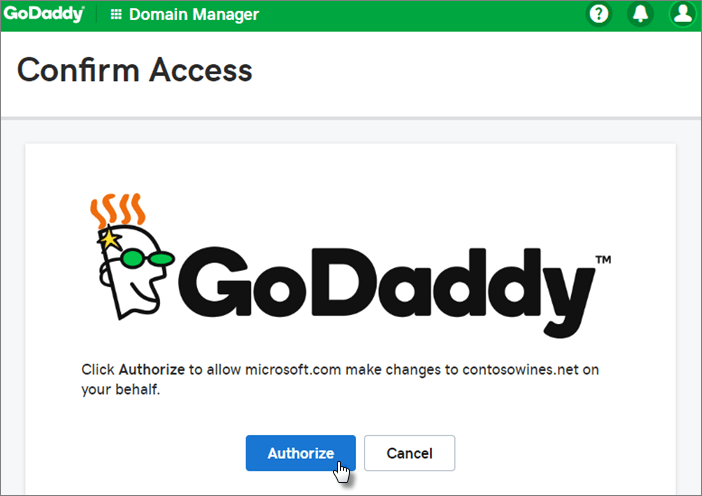 Trên trang Confirm Access của GoDaddy, chọn Authorize.