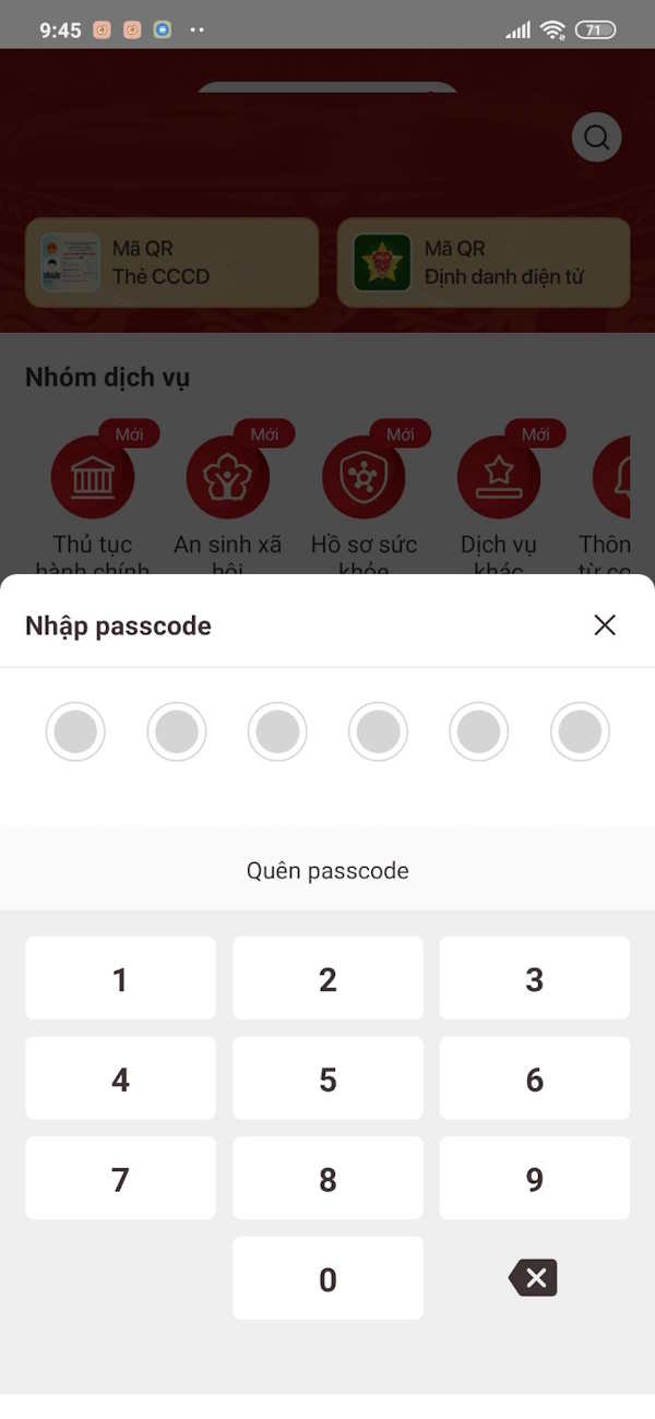 Nhập passcode VNeID