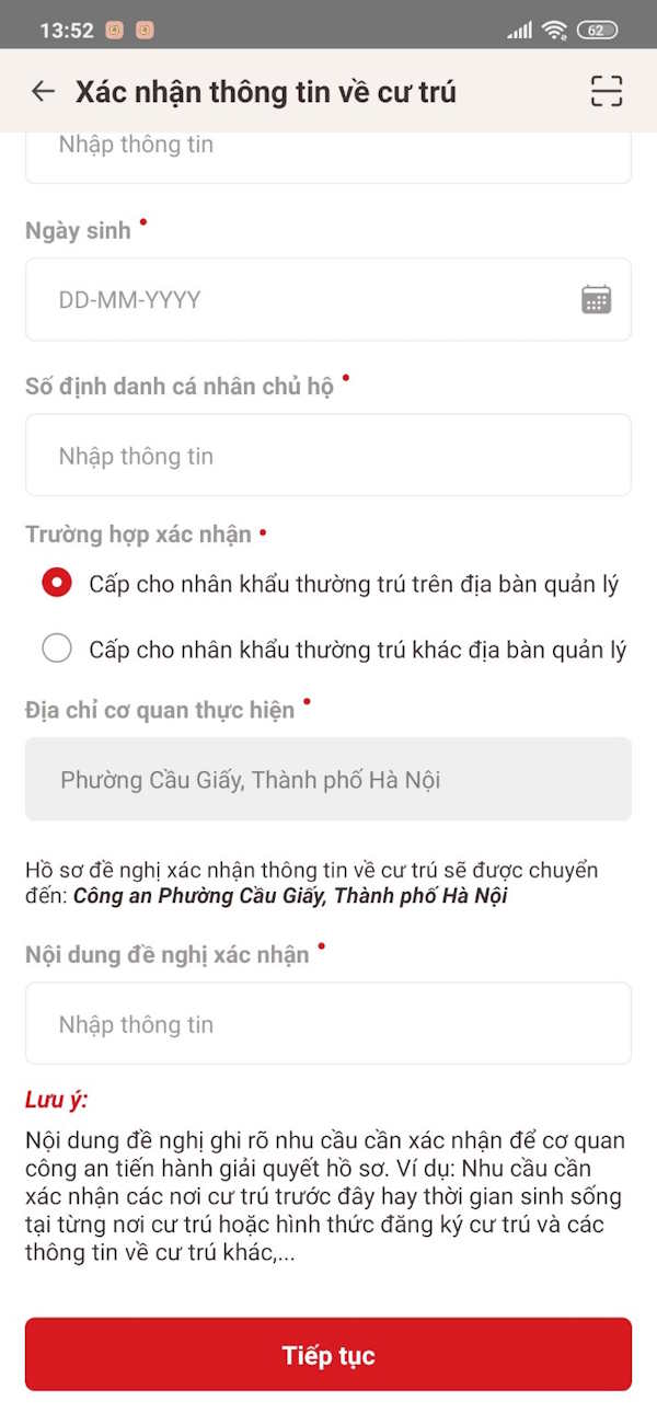 Gửi đơn xác nhận thông tin cư trú VNeID
