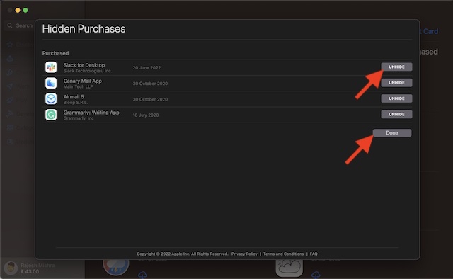 Hiện ứng dụng đã mua App Store Mac
