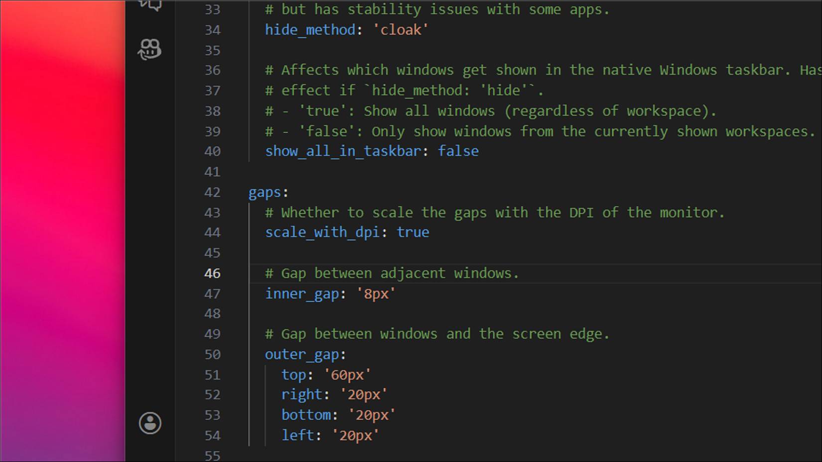 Chỉnh sửa file cấu hình YAML cho GlazeWM trong Visual Studio