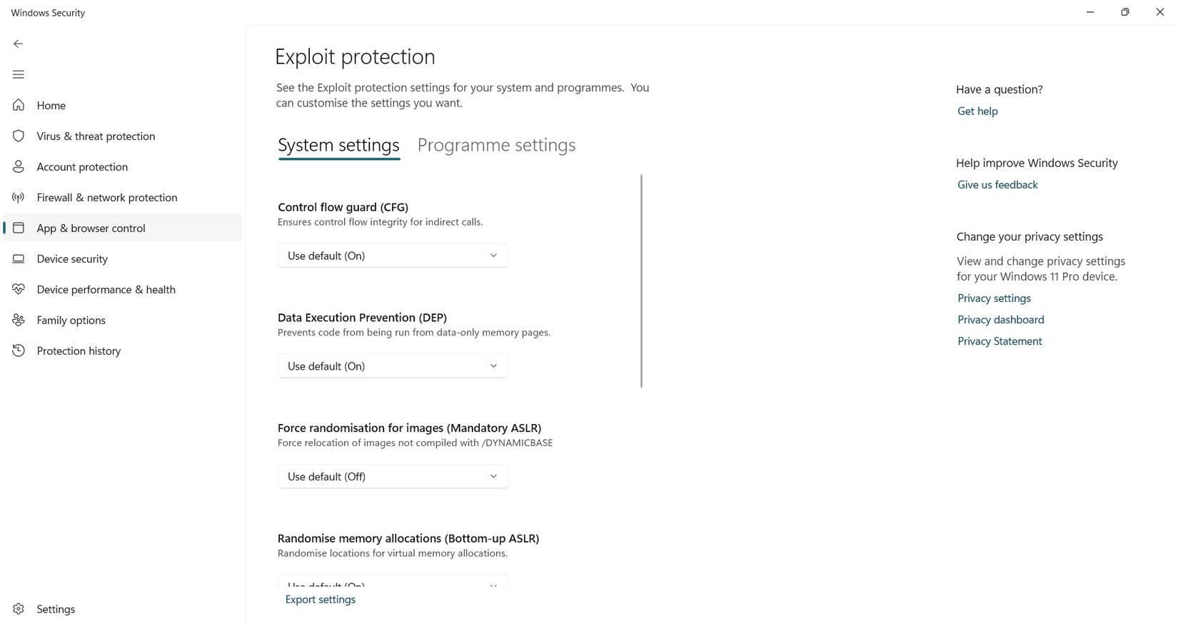Điều chỉnh cài đặt Exploit Protection trong Windows