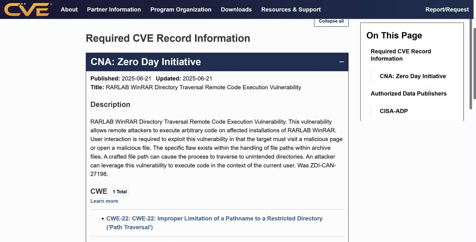 Trang ghi nhận CVE WinRAR 2025