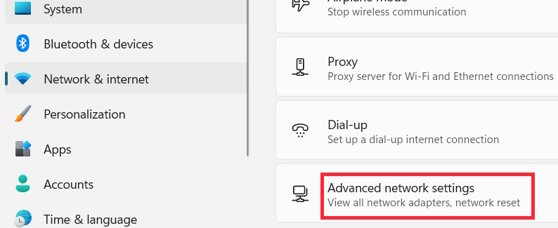 Advanced network settings Windows
