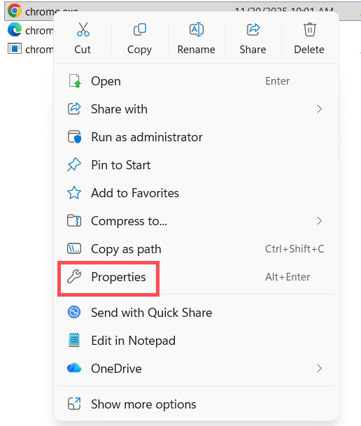 Mở thuộc tính ứng dụng