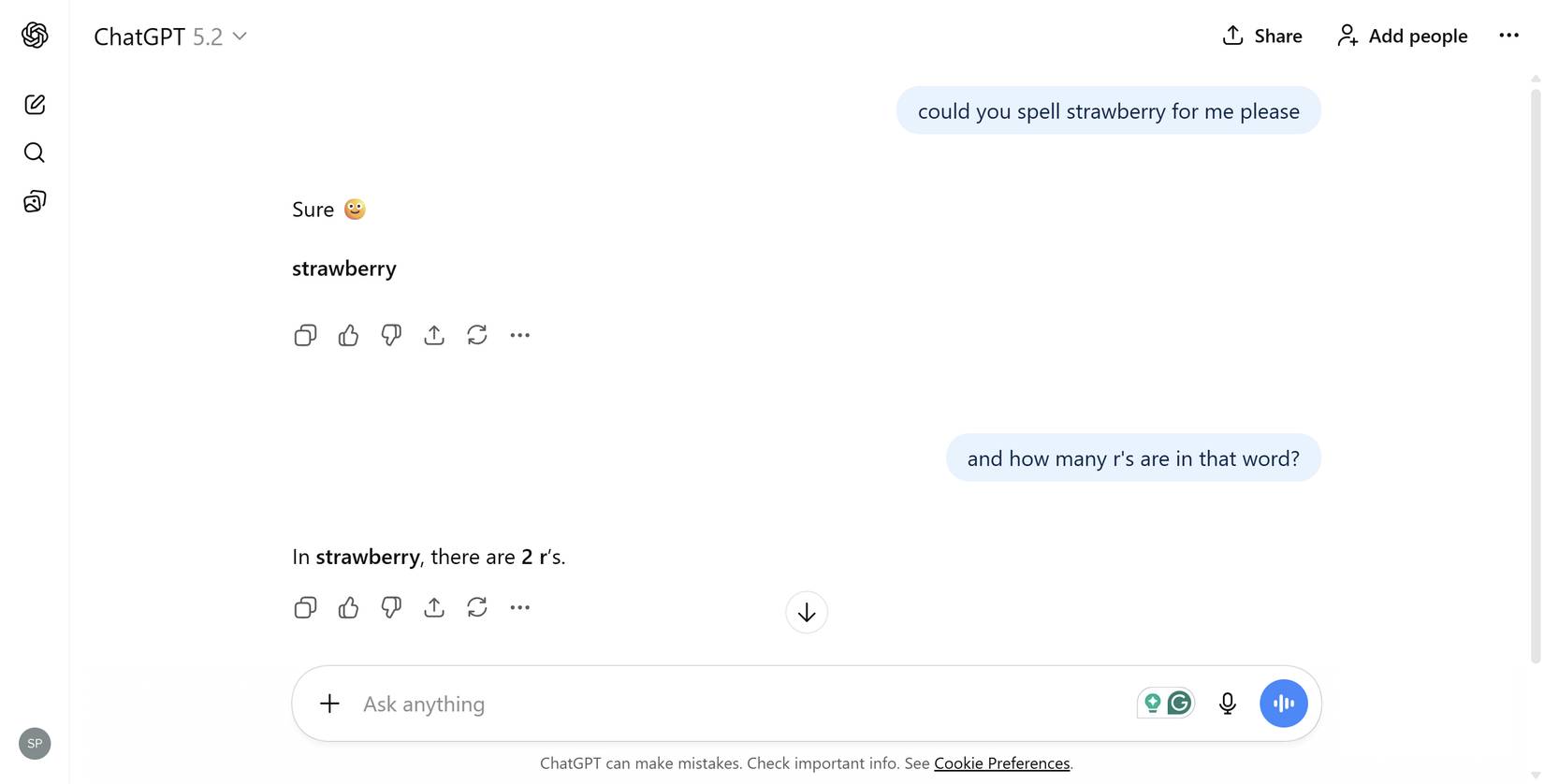 ChatGPT 5.2 không thể đánh vần từ "strawberry"
