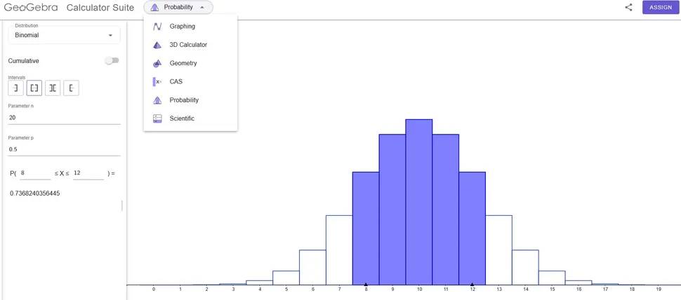 Một ví dụ về máy tính Xác suất trong bộ công cụ máy tính GeoGebra