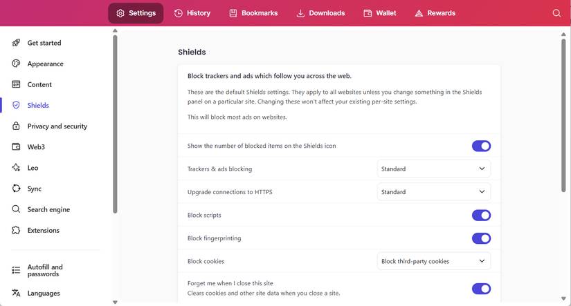 Mục Shields trong menu cài đặt của Brave