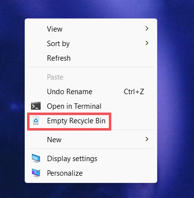 Empty Recycle Bin menu chuột phải