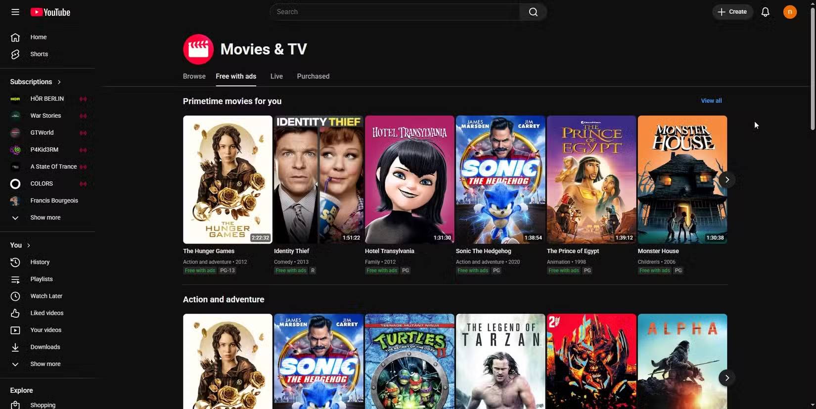 Phim và chương trình truyền hình miễn phí có quảng cáo trên YouTube