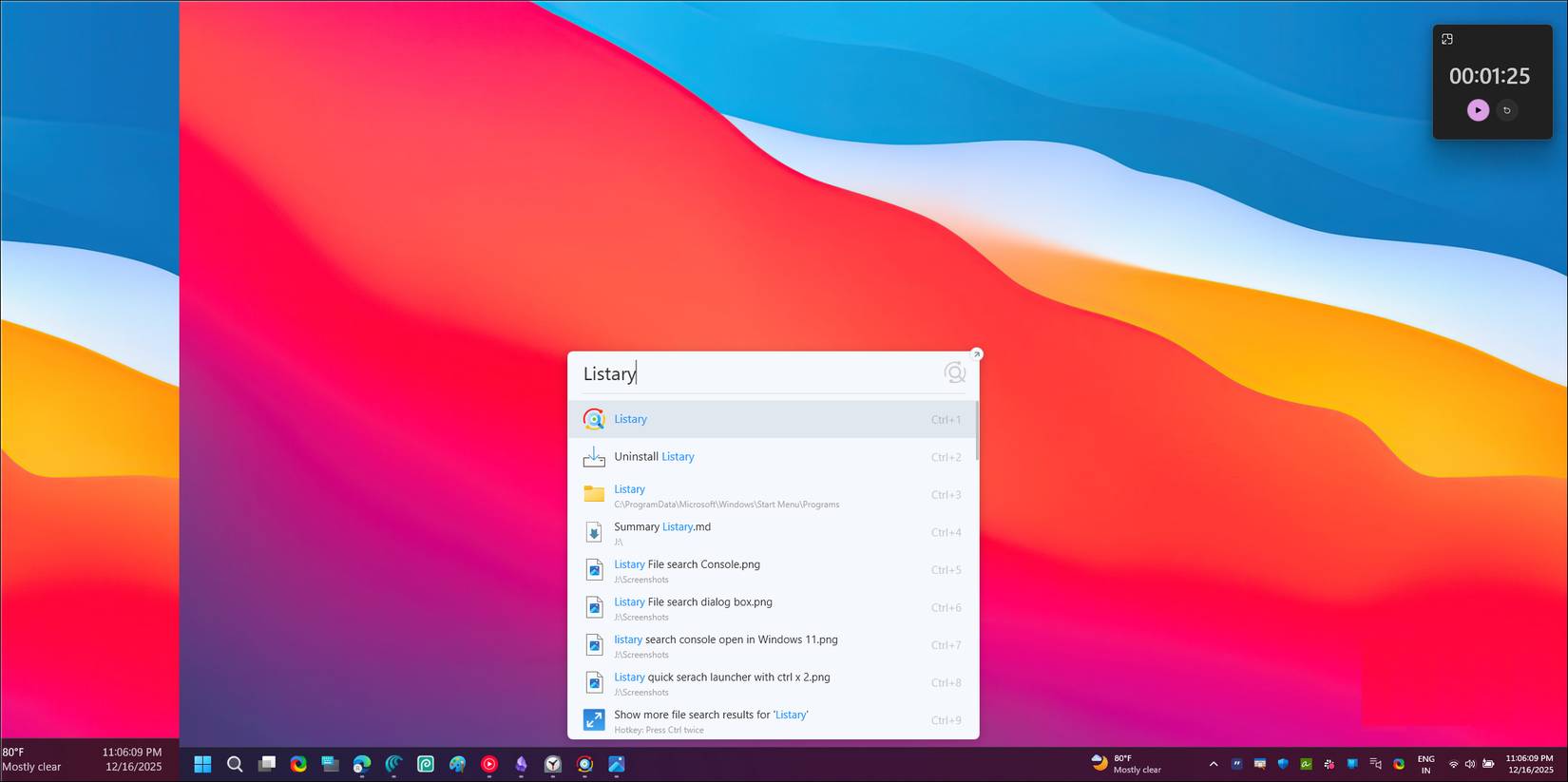 Launcher nhanh Listary mở trên desktop Windows 11