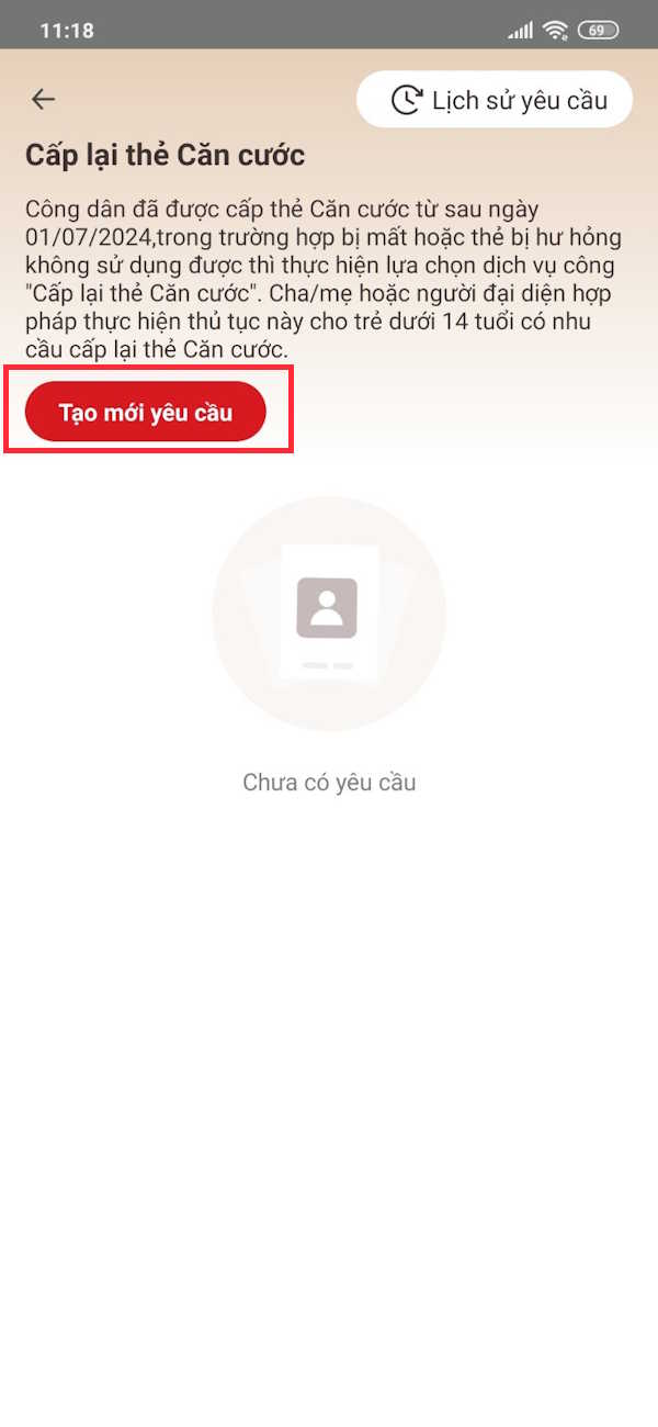 Tạo hồ sơ cấp lại thẻ Căn cước trên VNeID