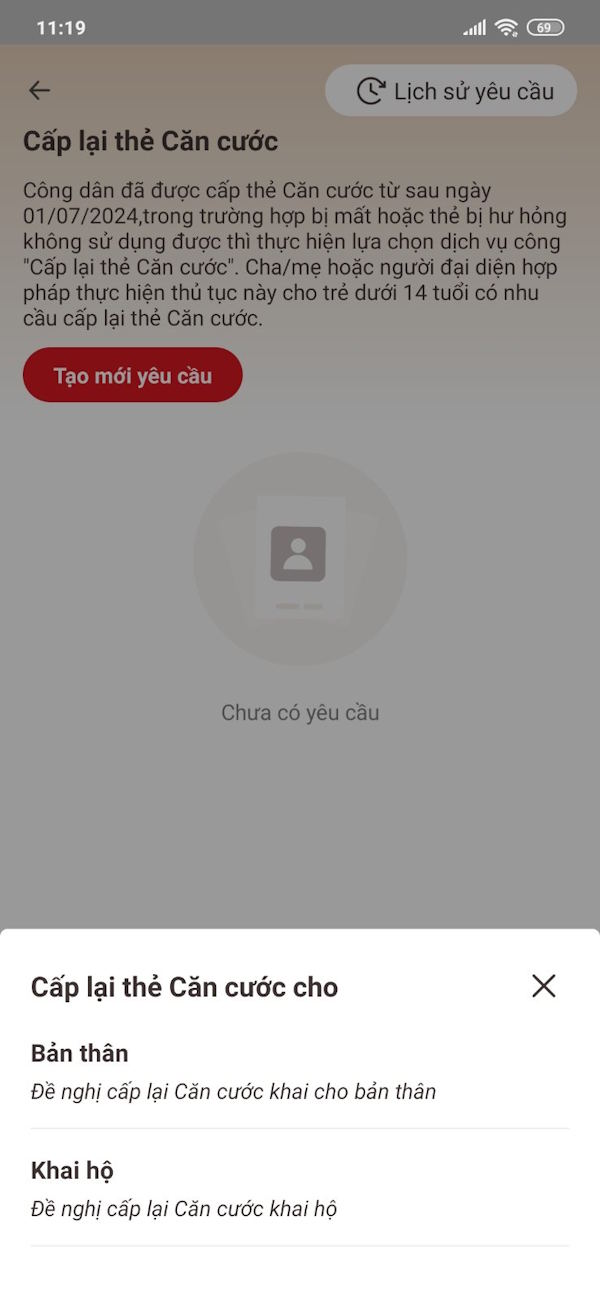 Tùy chọn đối tượng cấp lại thẻ Căn cước trên VNeID