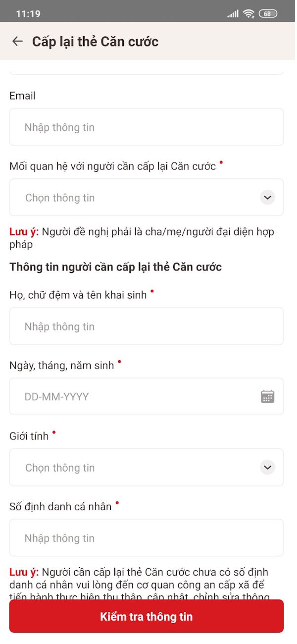 Cấp lại thẻ Căn cước trên VNeID cho người khác