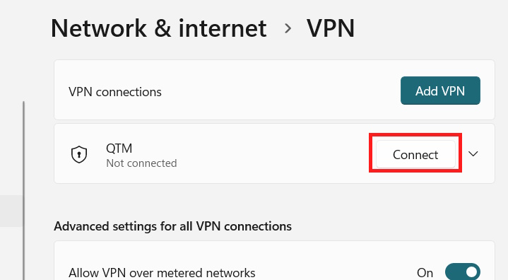 Chọn Connect VPN trên Windows 11