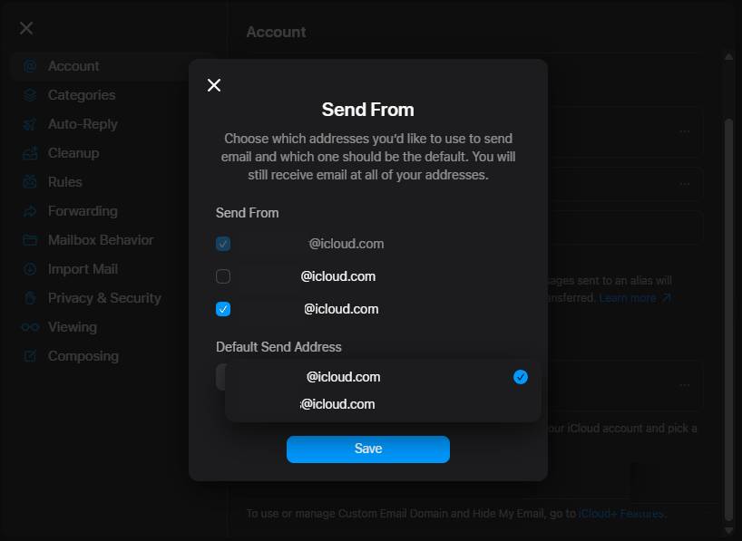 Danh sách địa chỉ gửi từ địa chỉ alias trong iCloud Mail