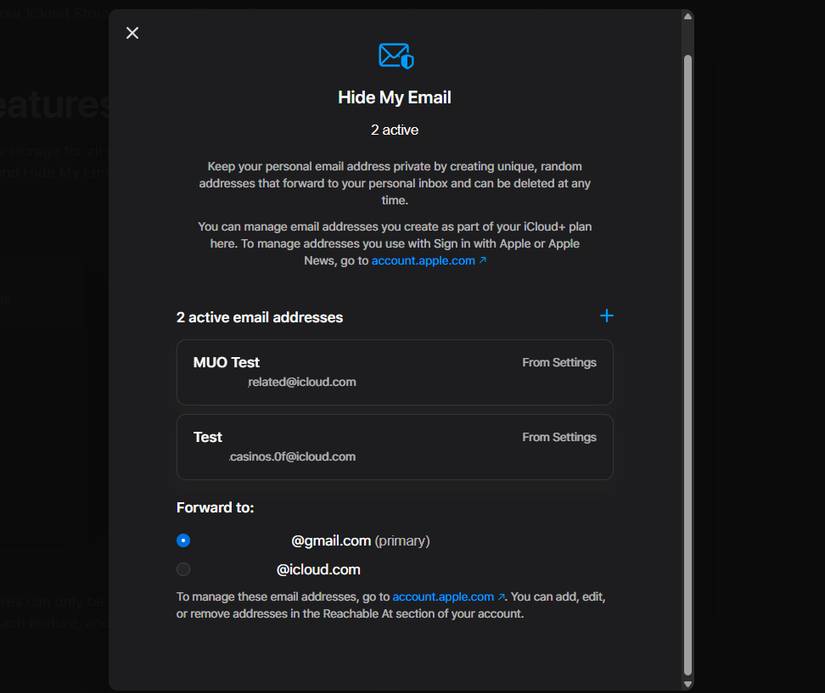 Danh sách Hide My Email trong iCloud