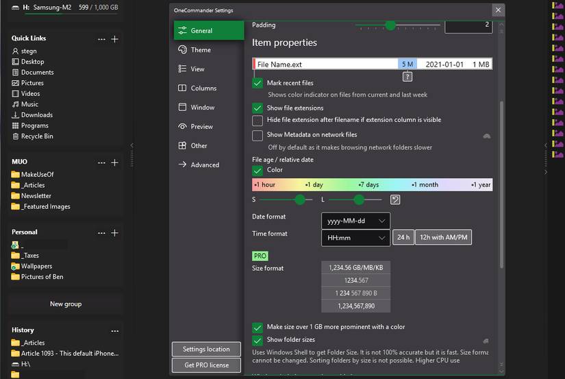 Cài đặt General của OneCommander