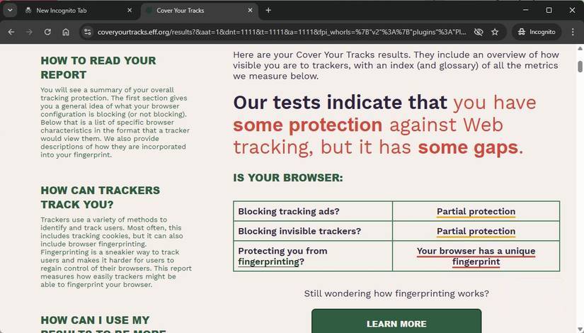Kết quả kiểm tra dấu vết lưu lại trên trình duyệt Chrome